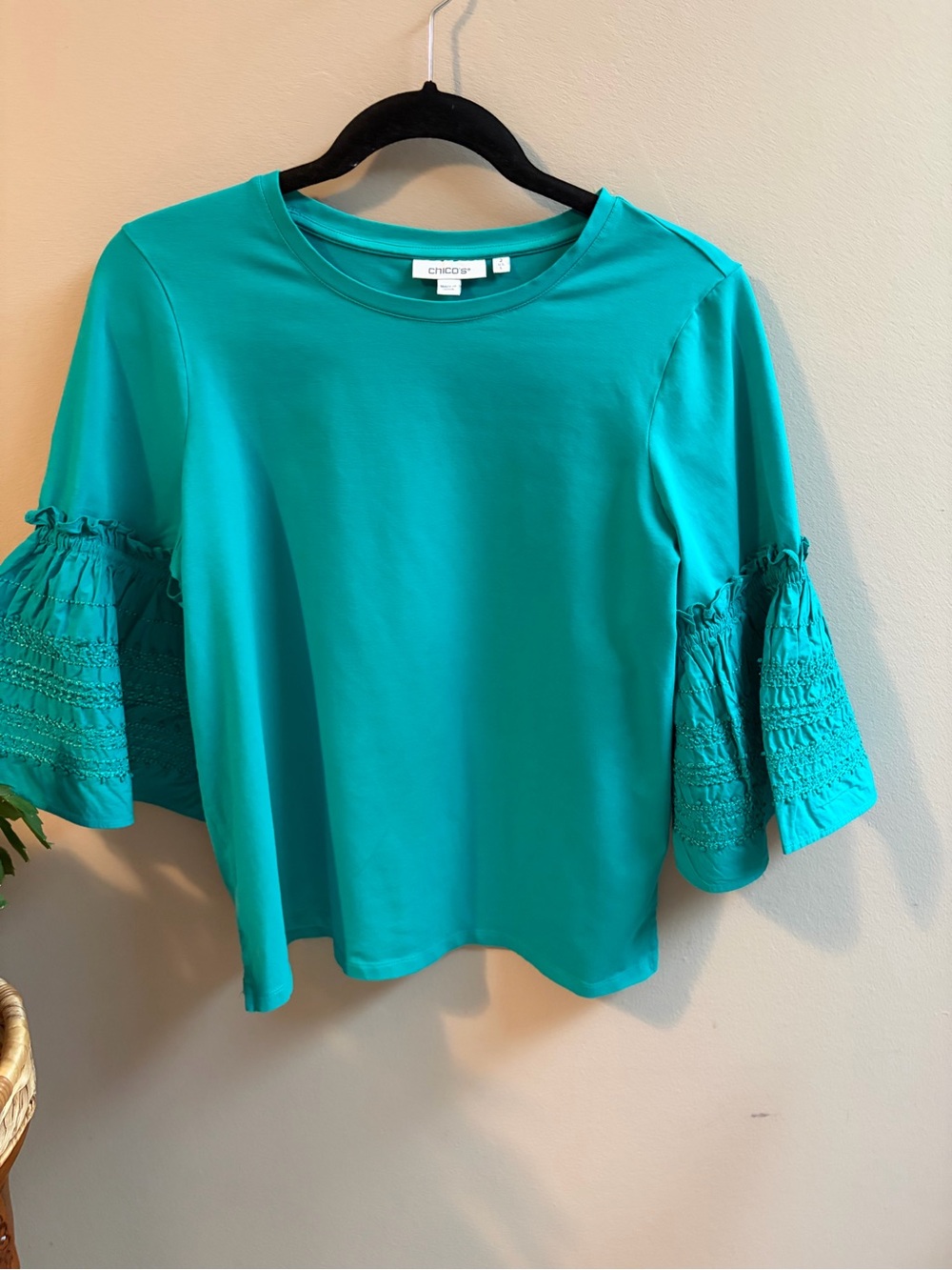 Chico's Teal Bell-Sleeve Crochet Top